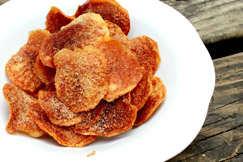 homemade barbecue chips in white bowl. 