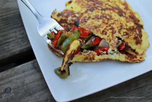 Cheesy Omelet with Peppers and Onions