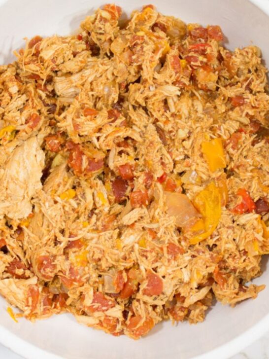 Slow Cooker Chicken Cacciatore in bowl with bay leaf