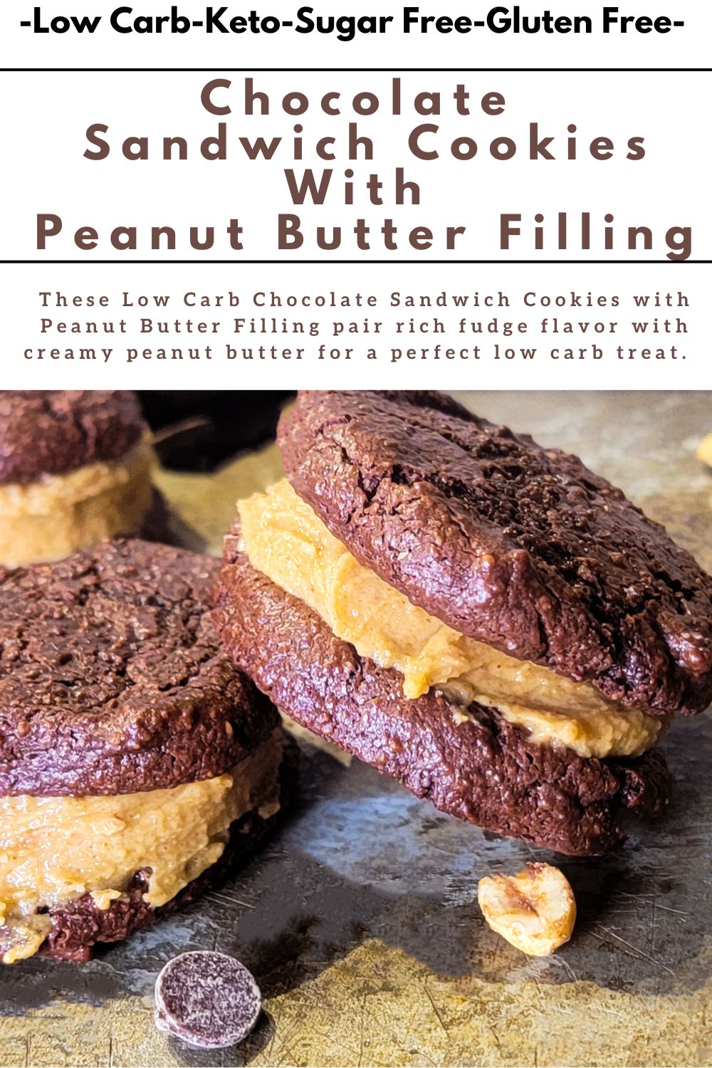 Low Carb Chocolate Sandwich Cookies with Peanut Butter Filling on plate