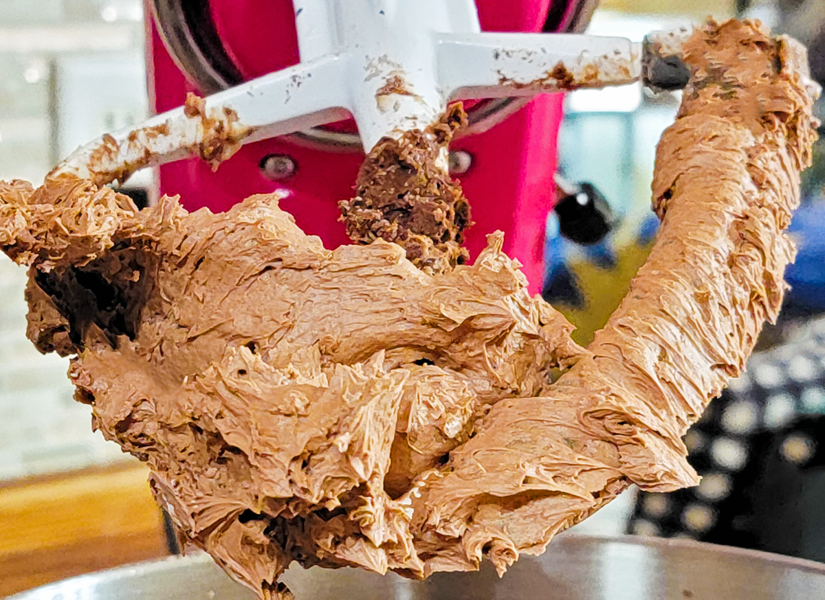 sugar free chocolate frosting in mixer.