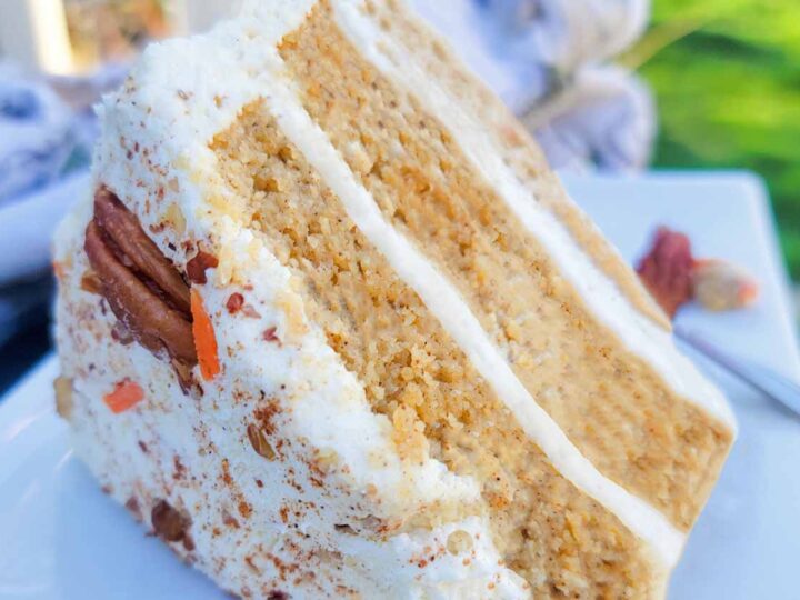 keto carrot cake recipe frosted with keto cream cheese frosting.