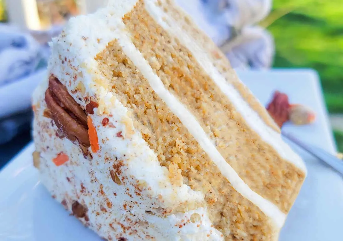 keto carrot cake recipe frosted with keto cream cheese frosting.