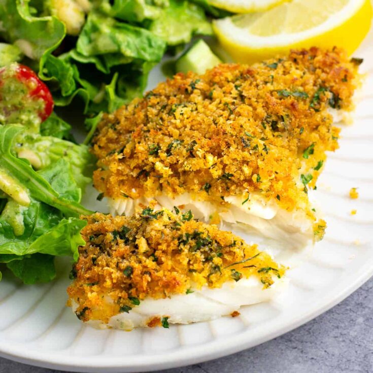 cod crusted with panko on plate.