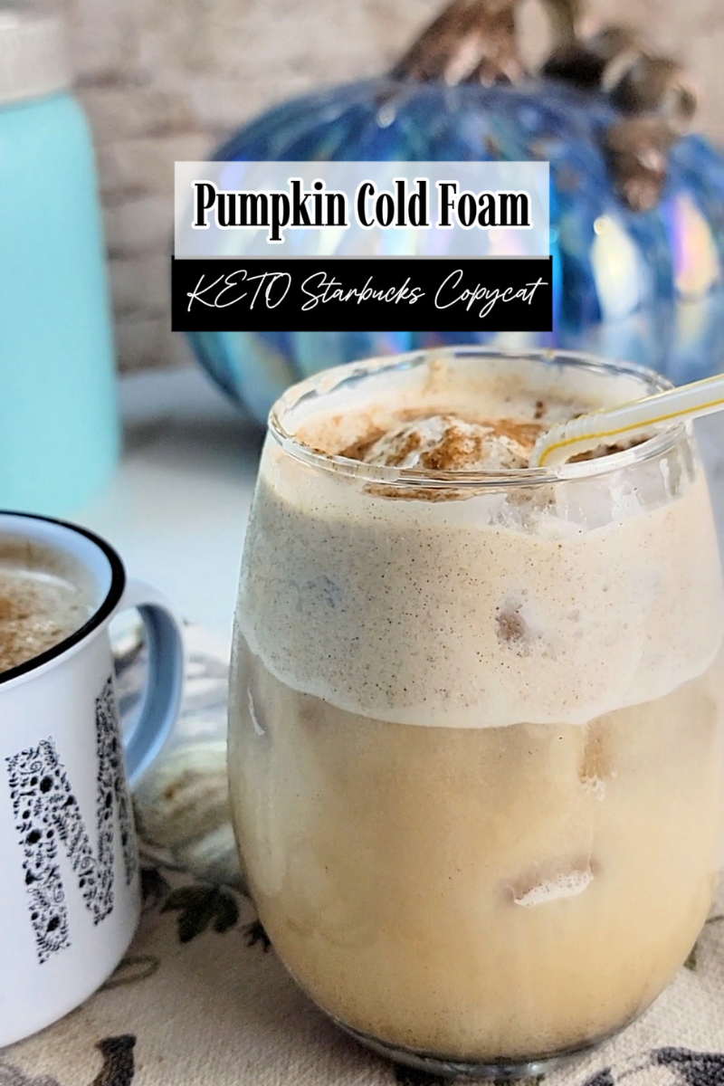 Glass of cold brew coffee topped with fluffy keto pumpkin cold foam