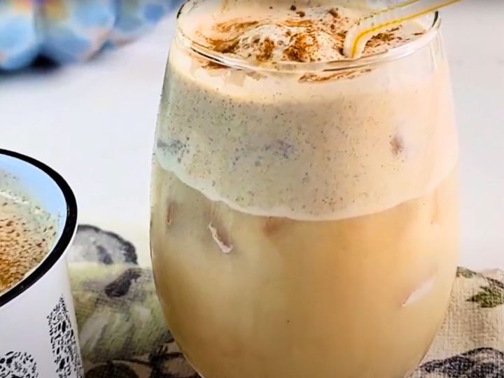 Whisking sugar-free pumpkin cream cold foam for iced coffee