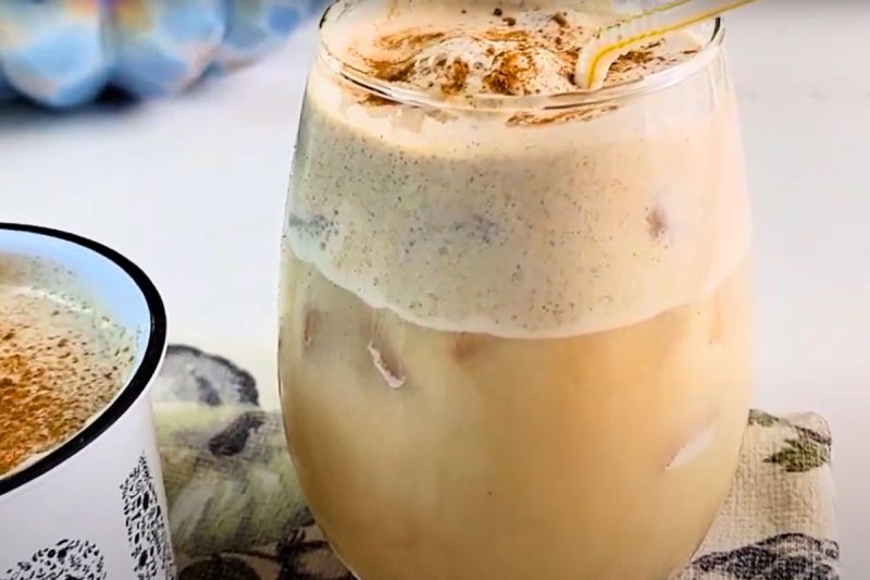 Whisking sugar-free pumpkin cream cold foam for iced coffee